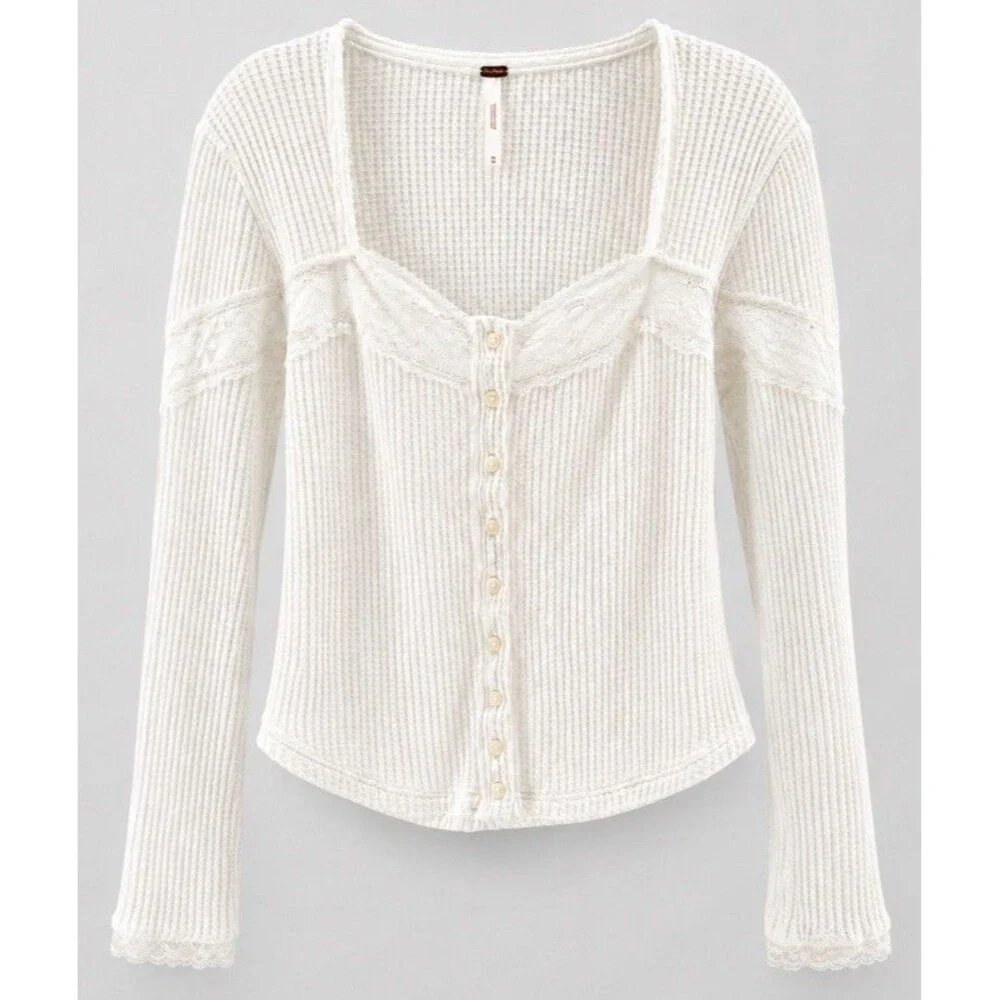 NWT Free People Women’s M Ivory Waffle Knit Lace Button Front Top Boho Coastal